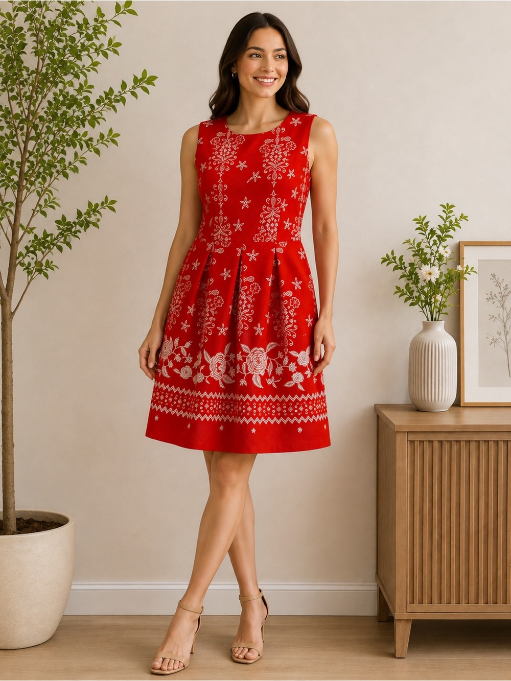Enfocus Studio Red & White Embroidered Sleeveless Fit & Flare Dress Size 12